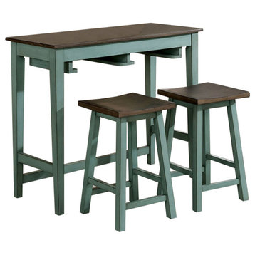 3-Piece Bar Table Set With Contoured Seat, Antique Blue and Brown