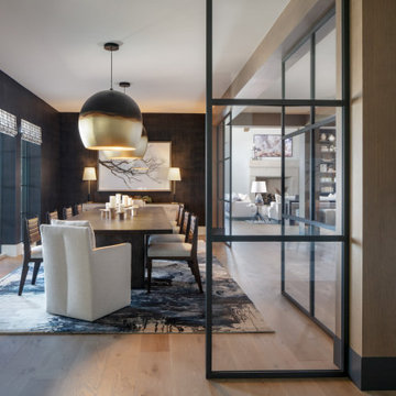Luxury Custom Dining Room with Black Wallpaper and Glass Partitions