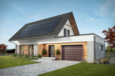 Example of a mid-sized minimalist white one-story wood tiny house design in Austin with a clipped gable roof and a tile roof