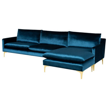 Madelon Sectional , Midnight Blue Velour Seat Brushed Gold Legs