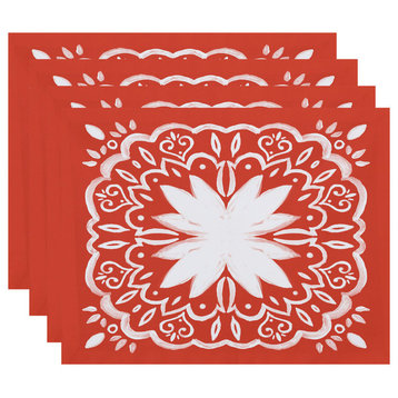 18"x14" Cuban Tile 1, Geometric Print Placemats, Set of 4, Red Orange