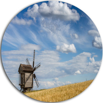 Cloudy Sky And Windmill Summer Day, Landscape Disc Metal Artwork, 11"