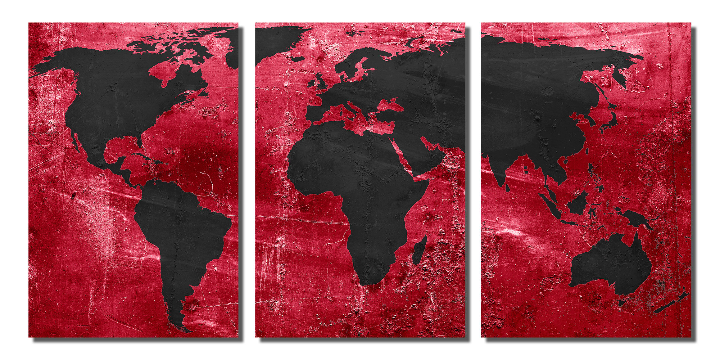 Red And Black World Map Metal Print Wall Art, 3 Panel Split, Triptych ...