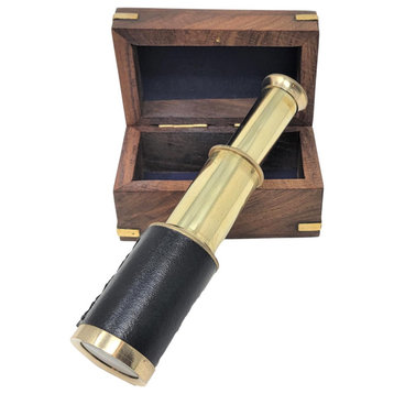 Antique Style Brass Telescope Brass Spy Glass Black Leather Wood Box Gift 6 in