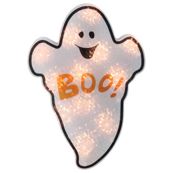 12" Lighted White Holographic Ghost Halloween Window Silhouette Decor