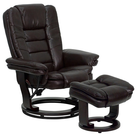 Recliner with Horizontal Stitching and Ottoman with Swivel Mahogany Wood Base