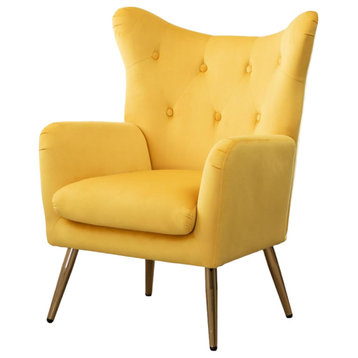 Contemporary Accent Chair, Angled Golden Legs & Button Tufted Wingback, Yellow