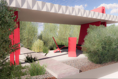 Свежая идея для дизайна: маленький солнечный регулярный сад на переднем дворе в стиле модернизм с хорошей освещенностью и покрытием из гравия для на участке и в саду - отличное фото интерьера