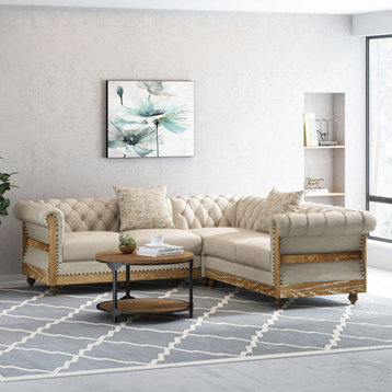 Alejandro Chesterfield Tufted Fabric 5 Seater Sectional Sofa with Nailhead Trim,