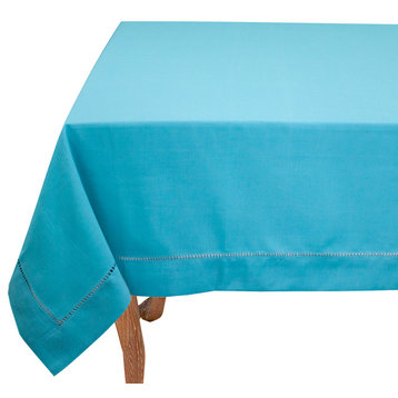 Stylish Solid Color with Hemstitched Border Tablecloth, Turquoise, 84"x84"