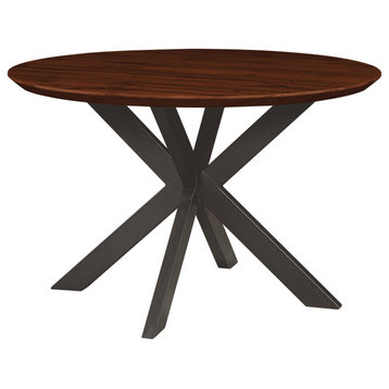 LeisureMod Ravenna 47" Round Dining Table, Geometric Metal Base, Dark Walnut