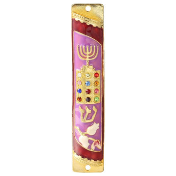 Hand Painted Enamel Mezuzah Embellished With a Menorah and Priestly Breastplate