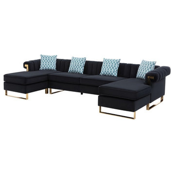 Maddie Black Velvet 5-Seater Double Chaise Sectional Sofa Throw Pillows