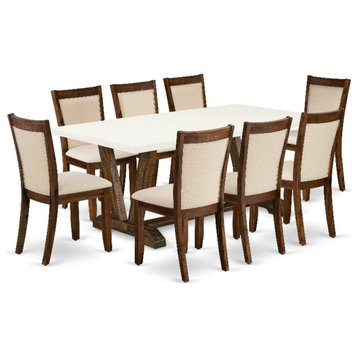 V727MZN32-9 - Dining Table and 8 Light Beige Chairs Distressed Jacobean Finish