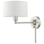 Livex Lighting - 1 Light Brushed Nickel Swing Arm Lamp - Add this versatile swing arm wall lamp bedside or above a favorite reading chair to enjoy more light where you need it. The brushed nickel finish is transitional while the off-white fabric shade offers subtle texture.