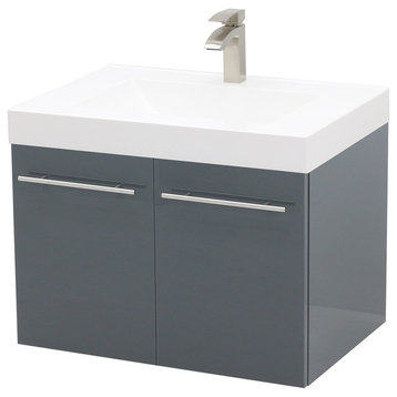 23.25" Wall Mount Vanity Sink Set, White Integrated Sink Top, High Gloss Dark Gr