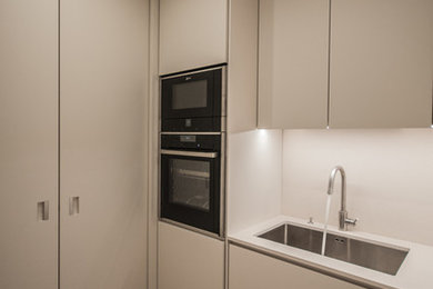 Idee per una cucina ad U moderna chiusa e di medie dimensioni con lavello sottopiano, ante lisce, top in quarzo composito e parquet chiaro