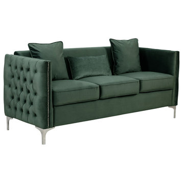 Bayberry Velvet Sofa With 3 Pillows, Green