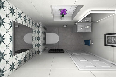 Cette photo montre un petit WC suspendu tendance avec un placard à porte plane, des portes de placard blanches, un carrelage blanc, des carreaux de porcelaine, un mur multicolore, un sol en vinyl et un sol gris.