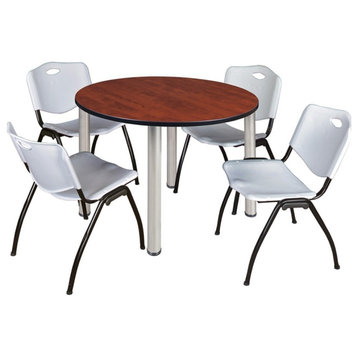 Kee 48" Round Breakroom Table, Cherry/ Chrome and 4 'M' Stack Chairs, Gray
