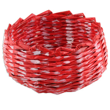 Novica Handmade Red And White Recycled Paper Basket