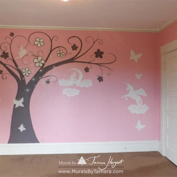 Pink girl's princess room with fairies, unicorns and butterflies