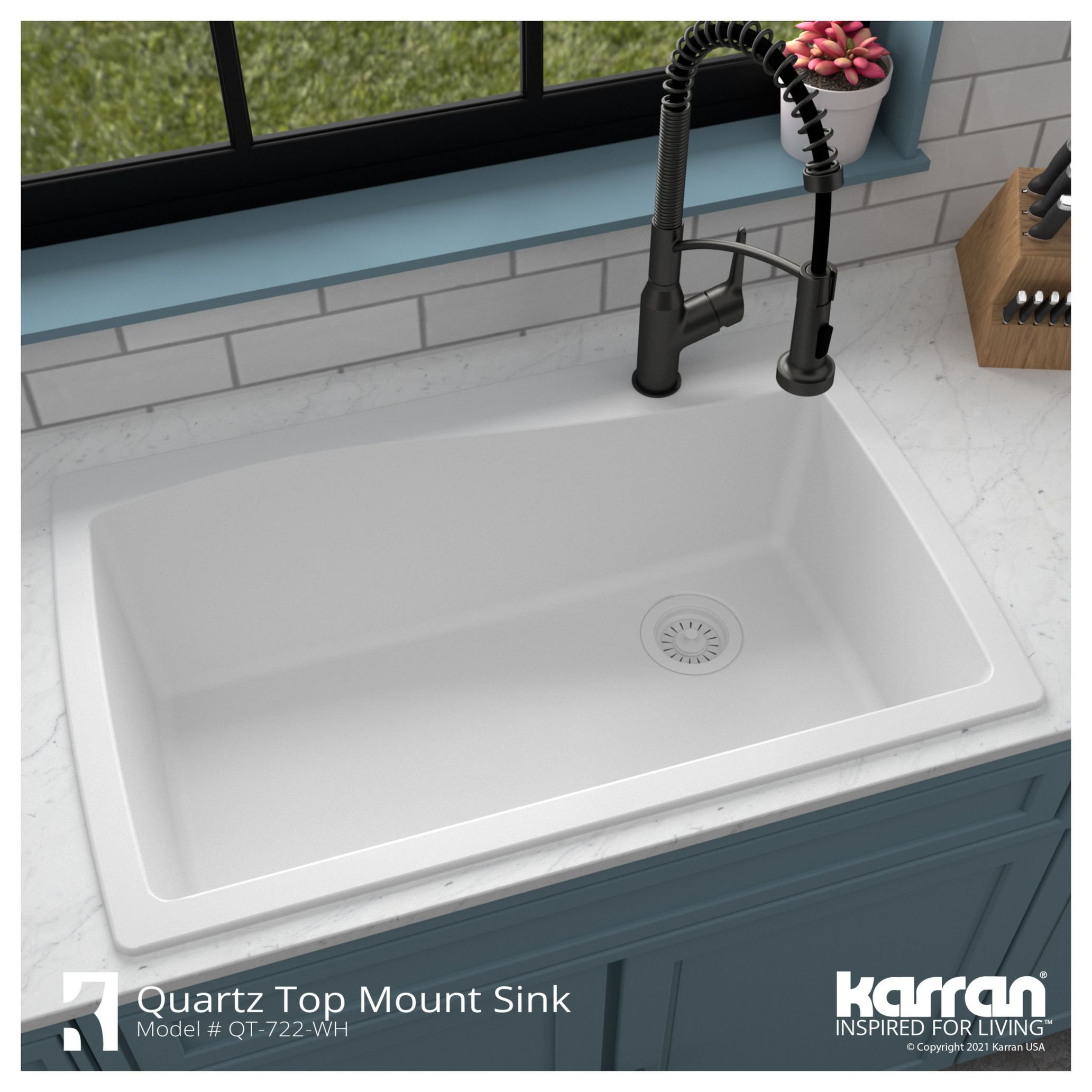 Karran Drop-In Quartz 34" 1-Hole Single Bowl Kitchen Sink Kit, White