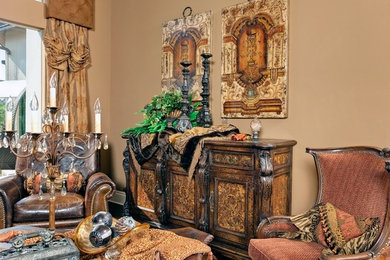 Example of a large formal and open concept dark wood floor living room design in Austin with beige walls