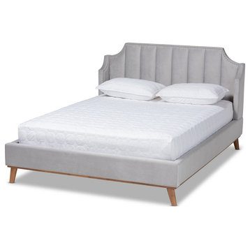 Light Grey Velvet Fabric Upholstered Wood Queen Size Wingback Platform Bed