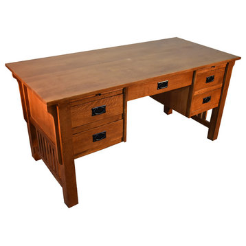 Mission Solid Quarter Sawn Oak Desk, Library Table with 5-Drawers