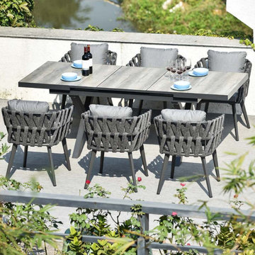 7 Pieces Aluminum Outdoor Dining Set with Extendable Ceramic Top Table Woven Arm