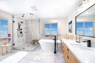 Inspiration for a mid-sized modern master white tile and porcelain tile porcelain tile, white floor and single-sink bathroom remodel in Las Vegas with flat-panel cabinets, light wood cabinets, white walls, an undermount sink, quartz countertops, a hinged shower door, white countertops and a floating vanity