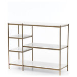 Four Hands - Lily Console Table,Antique Brass - Add a pop of marble in classic, polished white. A slim iron frame is finished in antique brass for further sophistication. Ample shelving sections slightly askew to meet simple grace with modern lines.A slim iron frame is finished in a hammered grey for sophisticated contrast. Ample shelving sections meet simple grace with modern lines.