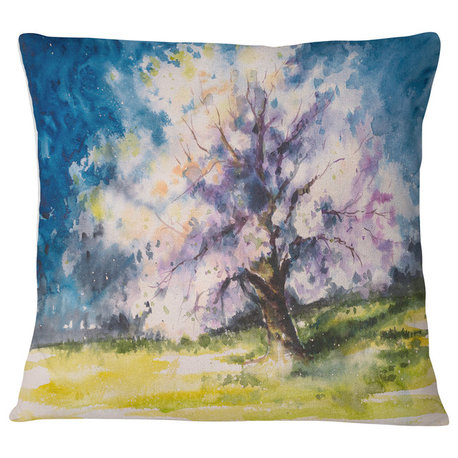 Blooming Cherry Tree Blue Watercolor Floral Throw Pillow, 16"x16"