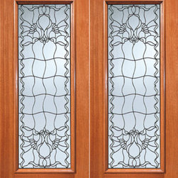 Contemporary Floral Beveled Glass Exterior Double Door, Full lite - Front Doors
