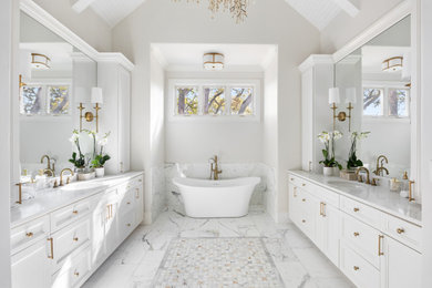 Large transitional master marble floor, single-sink and exposed beam bathroom photo in Dallas with shaker cabinets, white cabinets, beige walls, an undermount sink, quartz countertops, a hinged shower door, white countertops and a built-in vanity