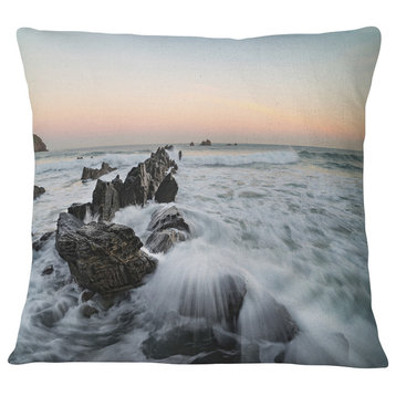 Bay of Biscay White Waves Hitting Beach Seashore Throw Pillow, 16"x16"
