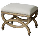 Uttermost - Uttermost Karline Natural Linen Small Bench - Hand Carved, White Mahogany Frame With Antiqued Almond Finish. Covering Is Natural Linen And Cotton With Stain Resistant Fabric Protector Accented By Champagne Silver Nails.  Additional Product Information: Collection: Karline Size (inches): 17Lx24Wx19H Item Weight (lbs): 14 Frame Finish: Hand Carved, White Mahogany Frame With Antiqued Almond Finish. Covering Is Natural Linen And Cotton With Stain Resistant Fabric Protector Accented By Champagne Silver Nails. Material:  Wood, Foam, Fabric Country: China