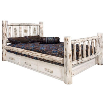 Montana Woodworks Wood Queen Storage Bed with Engraved Pine Design in Natural