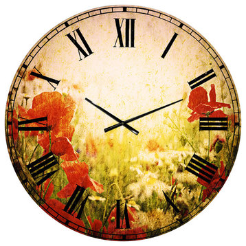 Grunge Background With Red Poppies Floral Metal Clock, 36x36