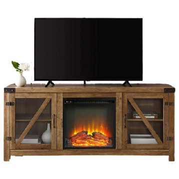 Farmhouse TV Stand, 2 Glass Door Cabinets & Center Fireplace, Reclaimed Barnwood