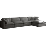 Meridian Furniture - Plush Velvet / Down Standard Comfort L-Shaped Modular Sectional, Gray, 5-Piece: 2 Armless Chair, 2 Corner Chair, 1 Ottoman - No matter how big or little the size of your gang, they can all find their sweet spot when you choose pieces from the Plush collection to build your ideal seating group. Choose this five-piece set or pair multiple pieces together to get the custom look everyone will love. The soft grey velvet material is soft and welcoming to the touch, and the set's cushions are overstuffed with a down and feather blend to provide ample support for tired bodies.