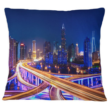 Interchange Overpass at Night Skyline Cityscape Throw Pillow, 16"x16"