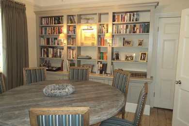 Inspiration for an eclectic dining room in London with light hardwood flooring.