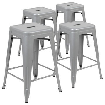Flash Furniture 24" Industrial Metal Counter Stool in Silver (Set of 4)