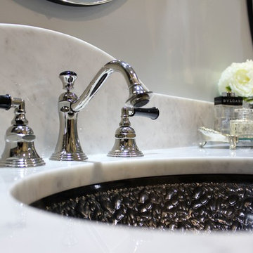 Master Bathroom Vanity with White Carrera Marble Countertop & Glass Sinks