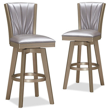 Set of 2 Bar Stool, Golden Frame & Faux Leather Seat With Tufted Back, 30 Inch