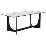Armen Living - Esme Dining Table, Stone and Metal - Embrace the fresh, inviting, and versatile appeal of our Esme Dining Table in Stone and Metal. Clean lines and clever details lend a sophisticated and eye-catching presence to our dining table. It features a sintered stone rectangular tabletop showcasing the rich textures of Golden Jade stone. A durable yet elegant alternative to quartz, this tabletop is resistant to etching, scratches, burns, and stains. Its trestle, black metal base showcases eye-catching curves to add soft elegance to your home. Our dining table can comfortably seat up to six individuals to complement both your formal and casual meals. With a versatile styling potential, the table can serve as the perfect spot to entertain and spend leisurely time in your formal or casual dining room or kitchen. It is crafted with durable and easy-to-care material. The Esme dining table is available in a black metal finish on the base with a golden jade stone top.