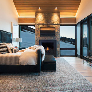 Geräumiges Modernes Hauptschlafzimmer mit hellem Holzboden, Kamin, Kaminumrandung aus Stein, beiger Wandfarbe und braunem Boden in Denver
