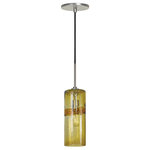JESCO Lighting Group - Light Line Voltage Pendant And Canopy, Amber Brushed Nickel - JESCO 1-Light Line Voltage Hand-Blown Color Glass With Accent Band And Gold Flecks Pendant With Canopy. Bulb Base: E26 , Number of Bulb: 1, Bulb Included: No. ETL Listed, Dry location, Ext Cable: 70 Inch, Input Voltage: 120V AC.  Hardwire installation. Mounting Hardware Included.